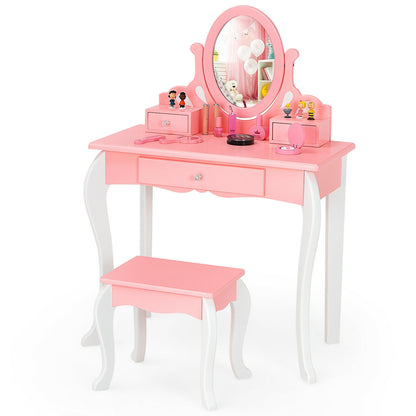 Kids Vanity Table Set with Mirror, Drawer & Stool - Pink
