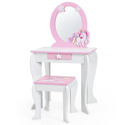Kids Wooden Vanity Table and Chair Set with Mirror and Drawer