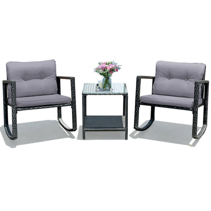3-Piece Patio Rocking Chair Set with Cushions & Glass Table