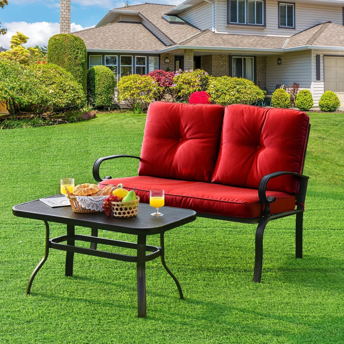 2-Piece Patio Loveseat Set with Cushions and Coffee Table