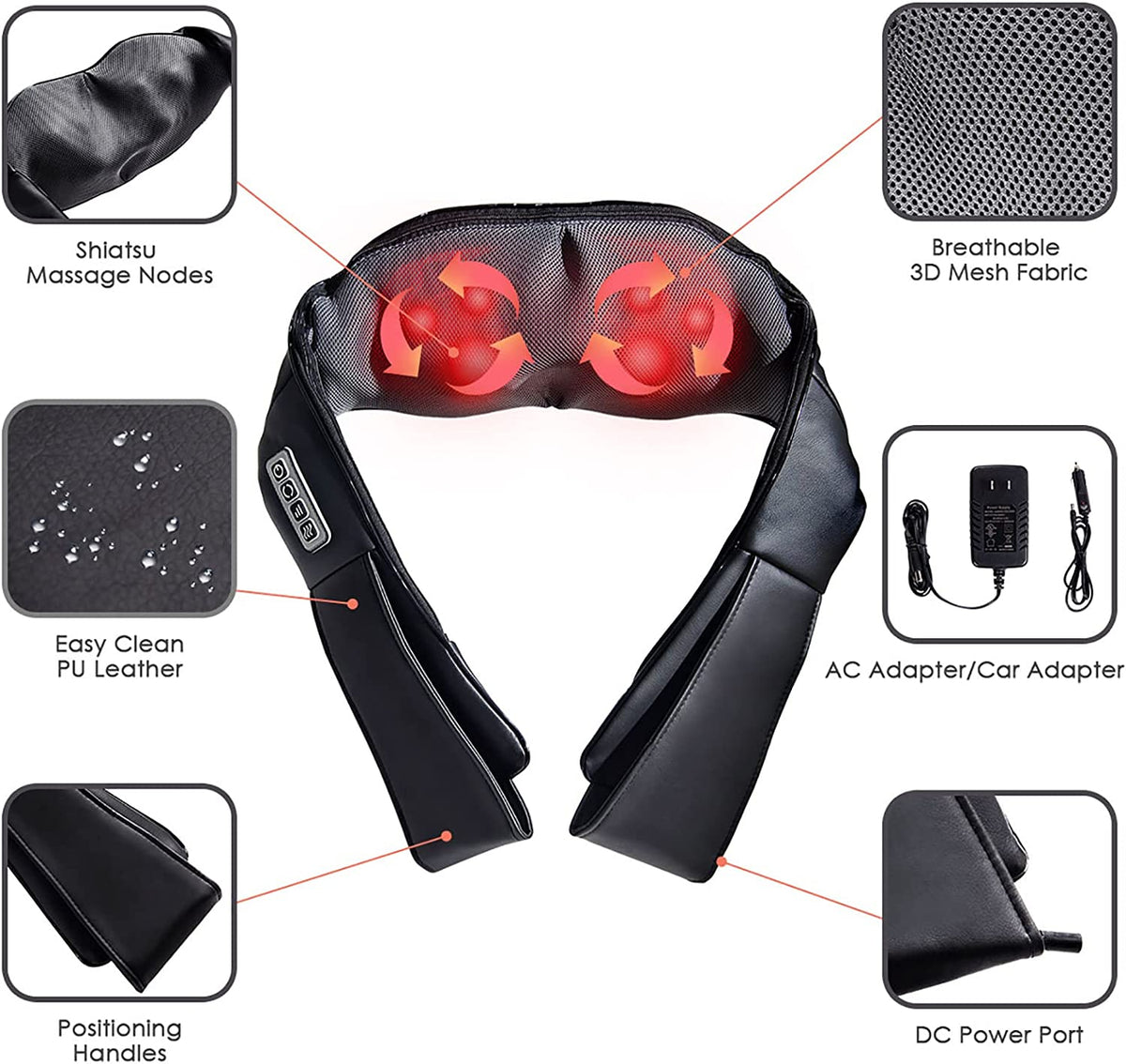 Electric Back and Neck Kneading Shoulder Massager with Heat Straps