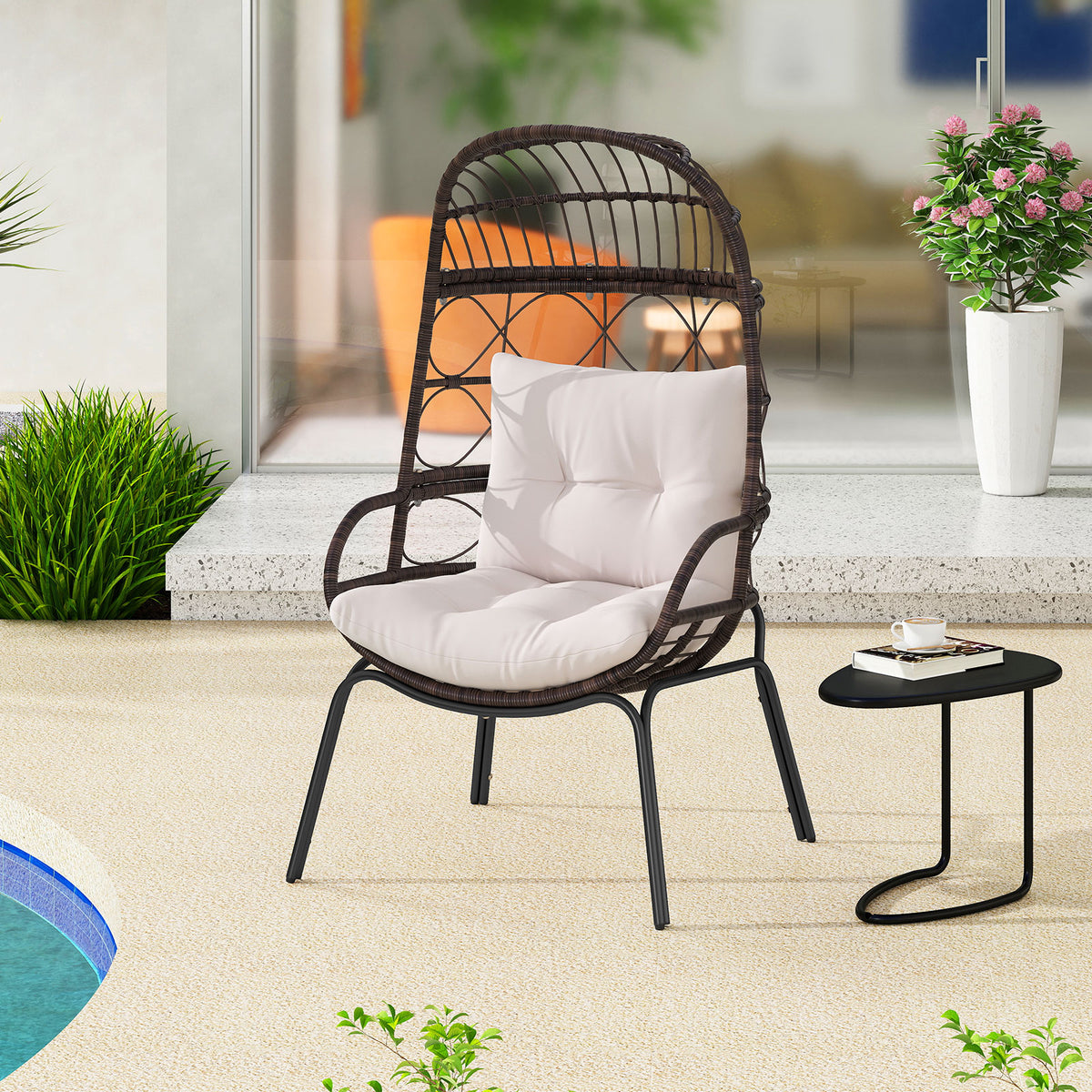 Wicker Egg Chair with Cushions for Outdoor Patio