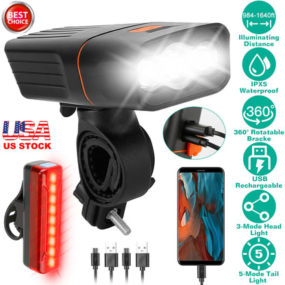 USB Rechargeable Bike Light Set with Headlight and Taillight