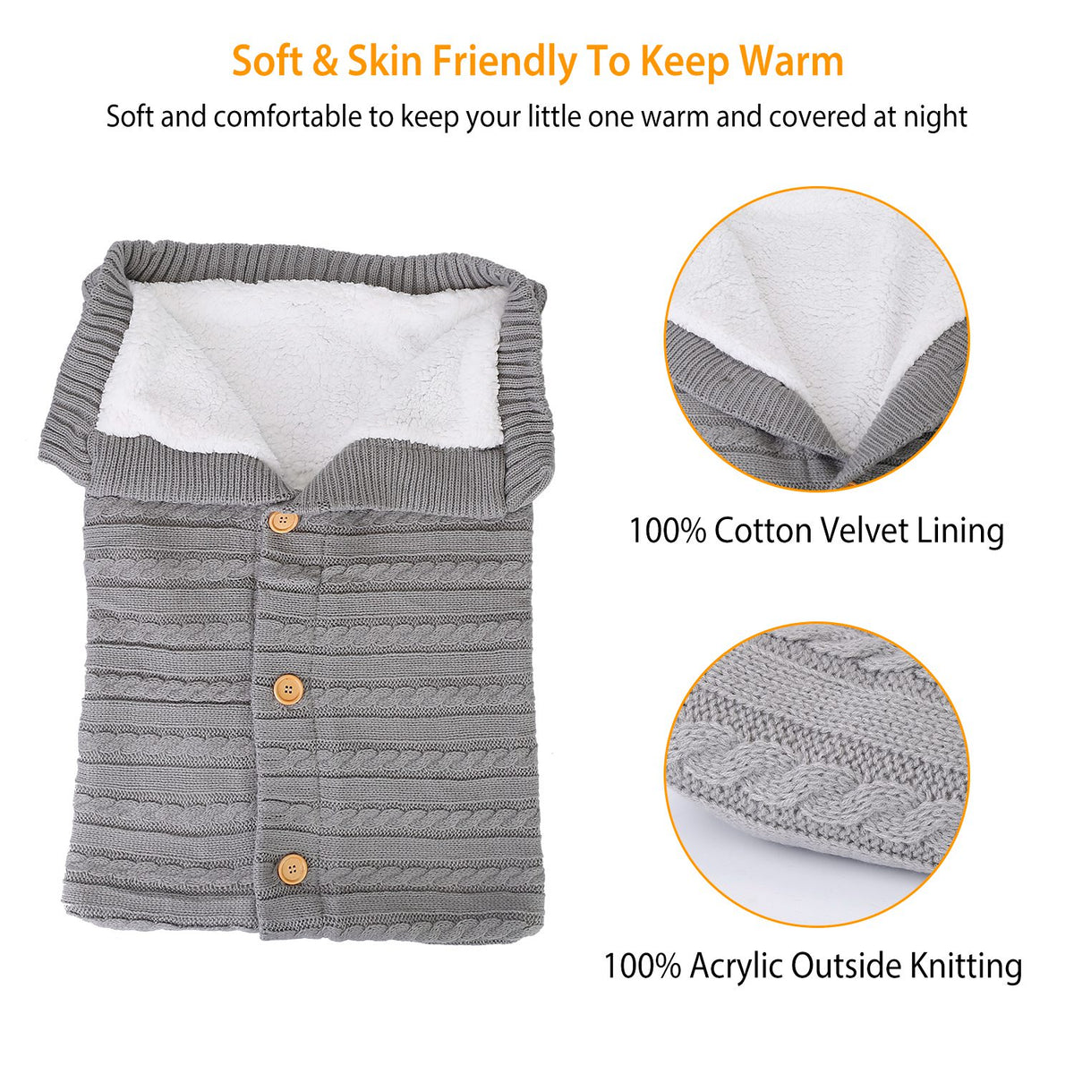 Baby Knit Swaddle Blanket with Button Closure 0-12 Months
