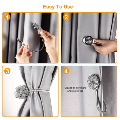 Magnetic Curtain Tiebacks with Floral Crystal Design - 2 Pack