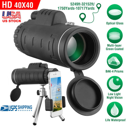 40x40 Monocular Telescope with Phone Adapter and Tripod