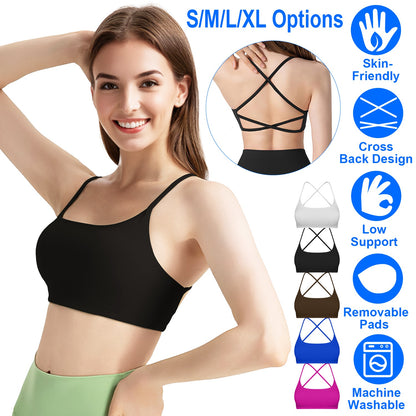 Women Cross Back Sport Bras Padded Strappy Crop Open Back Low Impact Bras Sexy Fitness Tank Tops with Removable Pads Thin Straps for Gym Yoga Workout