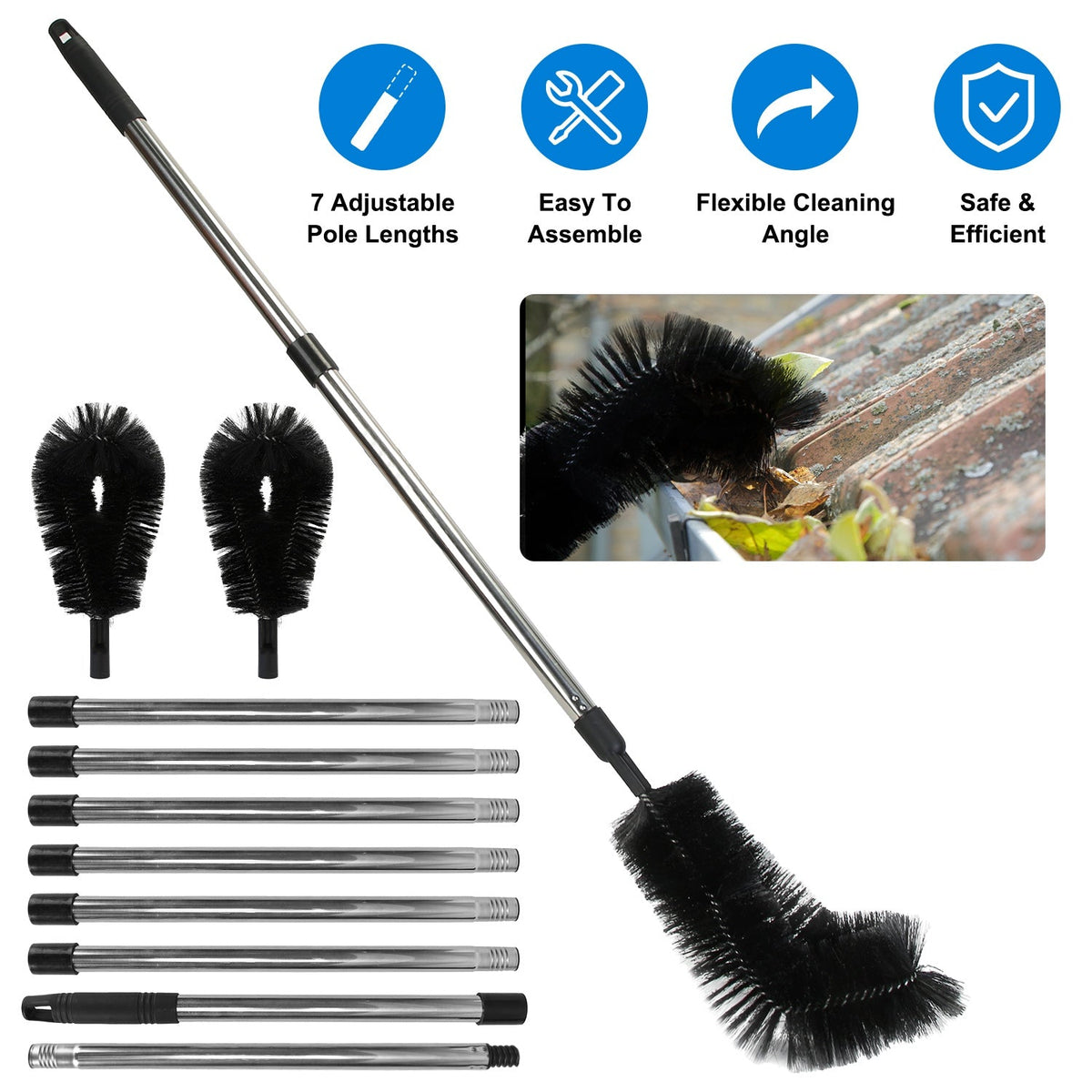 11.5FT Gutter Cleaning Brush With Telescoping Handle Rain Gutter Cleaner Extendable Gutter Cleaning Tool From The Ground with 2 Angled Brushes Anti-sl