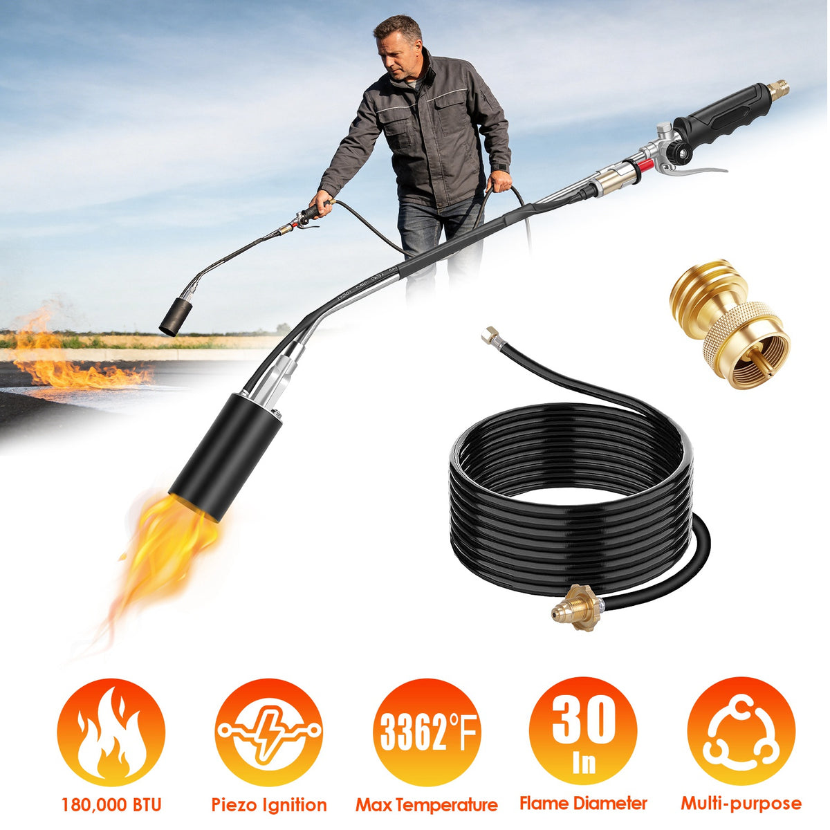 180,000 BTU Propane Weed Torch with 10FT Hose & Piezo Ignition