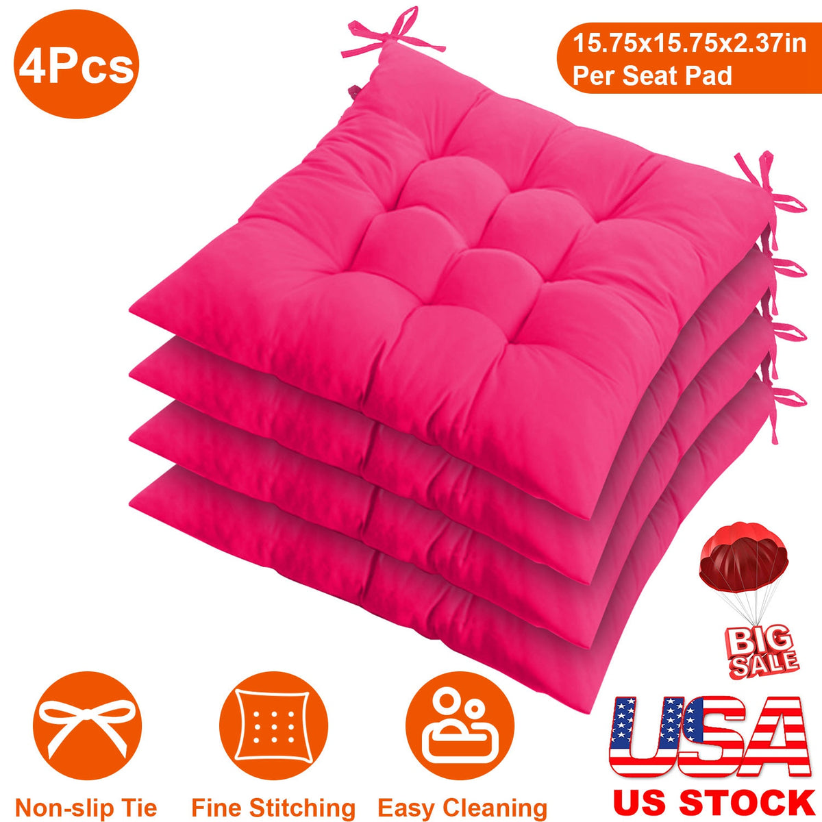 4Pcs Chair Cushion Pads Pillow 15.75x15.75x2.37in Soft Tie On Square Sitting Mats For Home Office Car Sitting Travel
