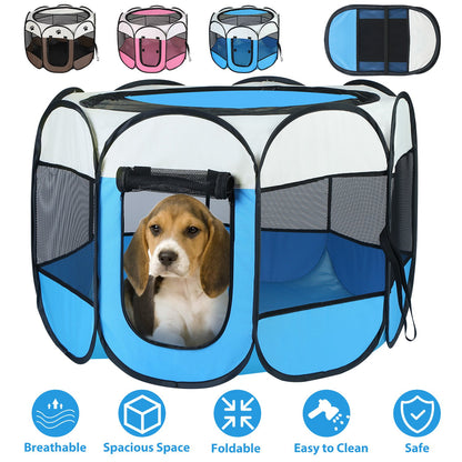 Foldable Pet Playpen with Mesh Panels and Zipper Top