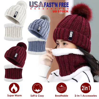 Beanie Hat and Scarf Set - Fleece Lined Winter Knit