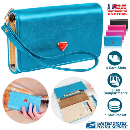 Women Wristlet Wallet PU Leather Lady Purse Credit Card Holder 4 Card Slots 3 Money Pouches 1 Coin Pocket