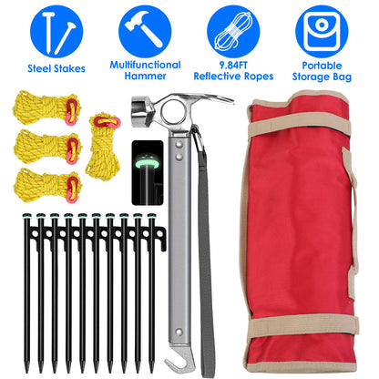 Tent Stakes Kit with Hammer and Reflective Ropes - 10 Stakes