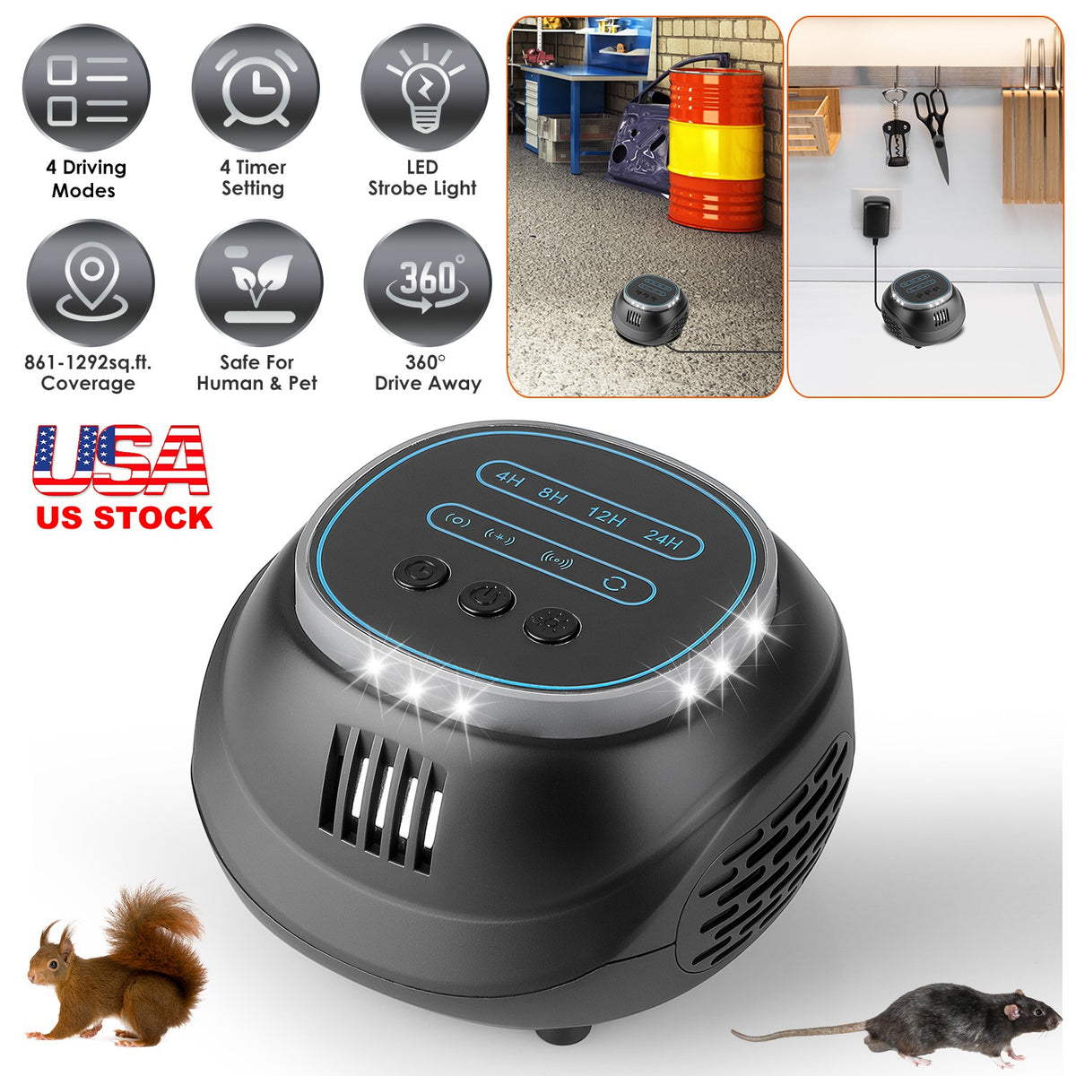Ultrasonic Rodent Repeller with 4 Modes & Strobe Light
