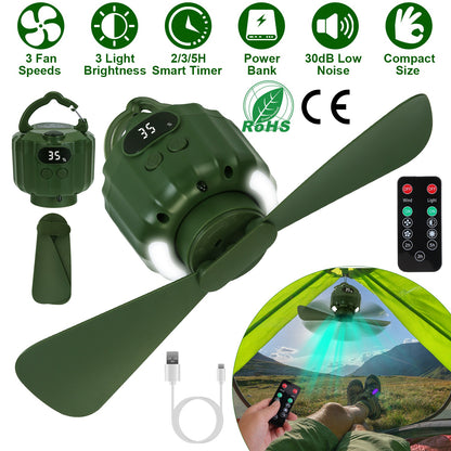 Portable Camping Ceiling Fan with LED Light & Power Bank