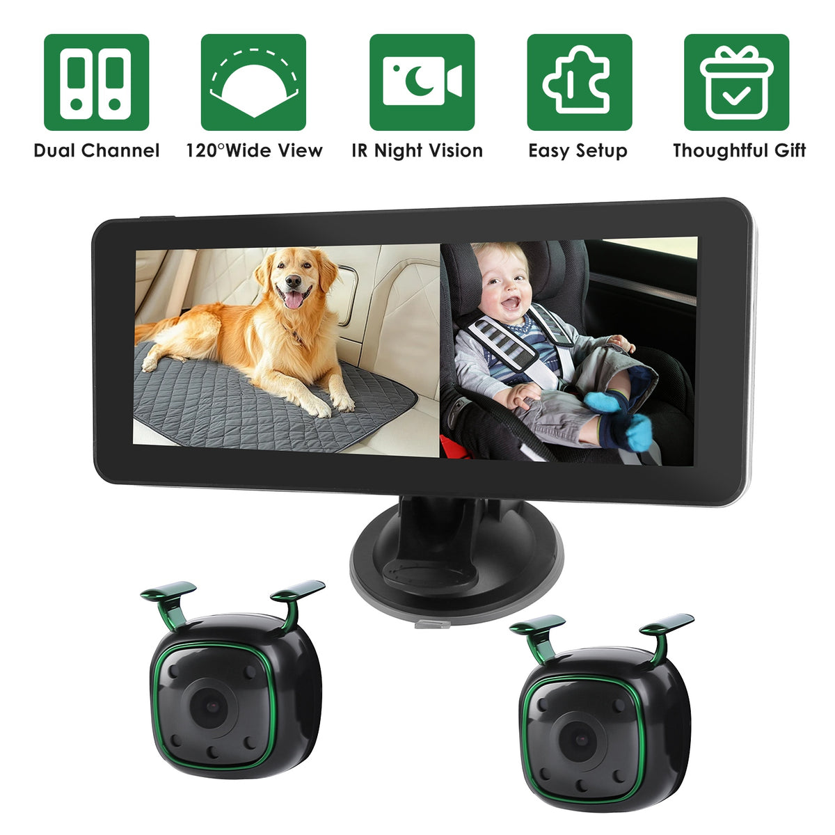Dual Camera Baby Car Monitor with 6.86" Split Screen & Night Vision