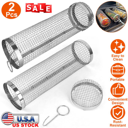 Stainless Steel Rolling Grill Basket Set - 2 Pack with Hooks