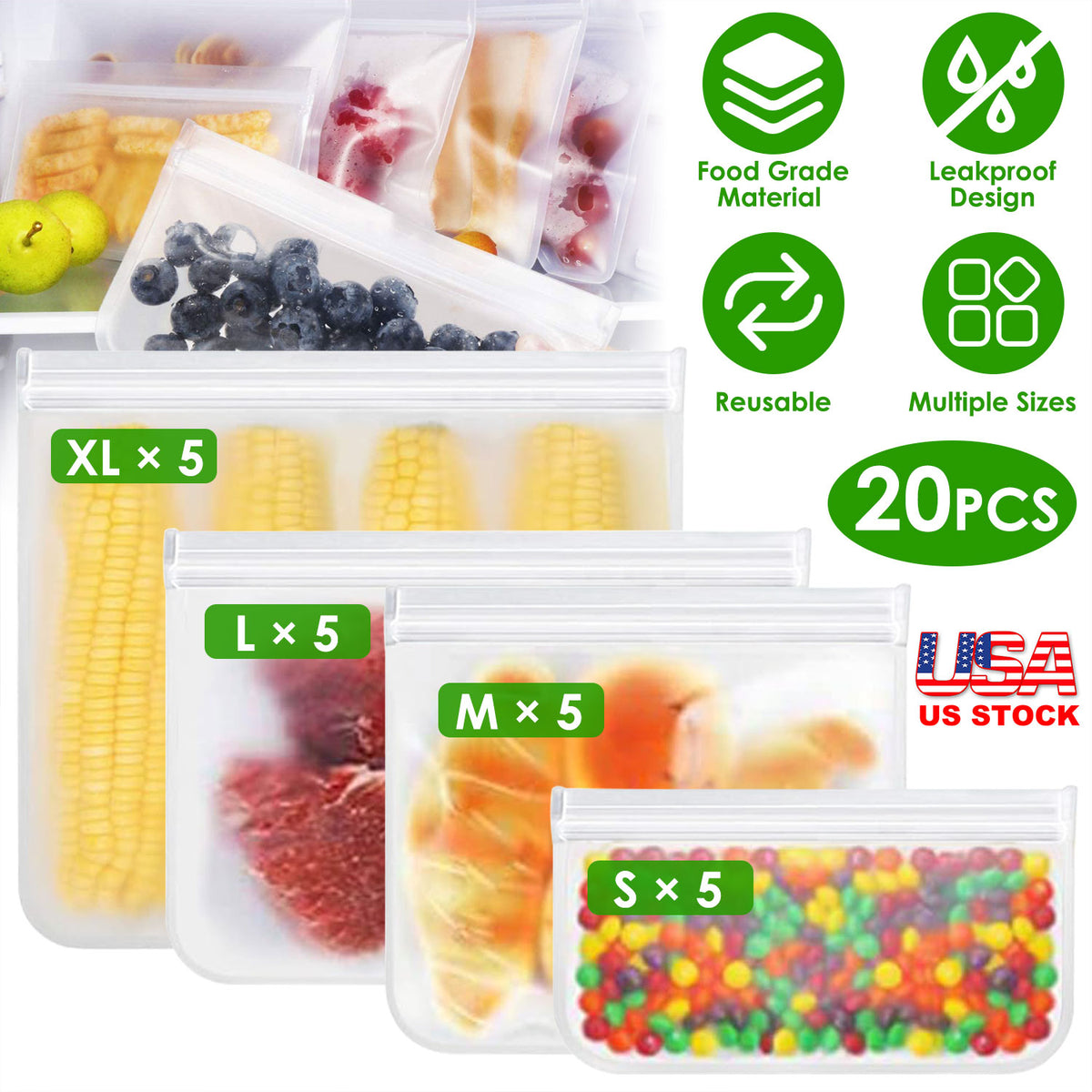 Reusable Food Storage Bags Set of 20 - Leakproof PEVA Freezer Bags