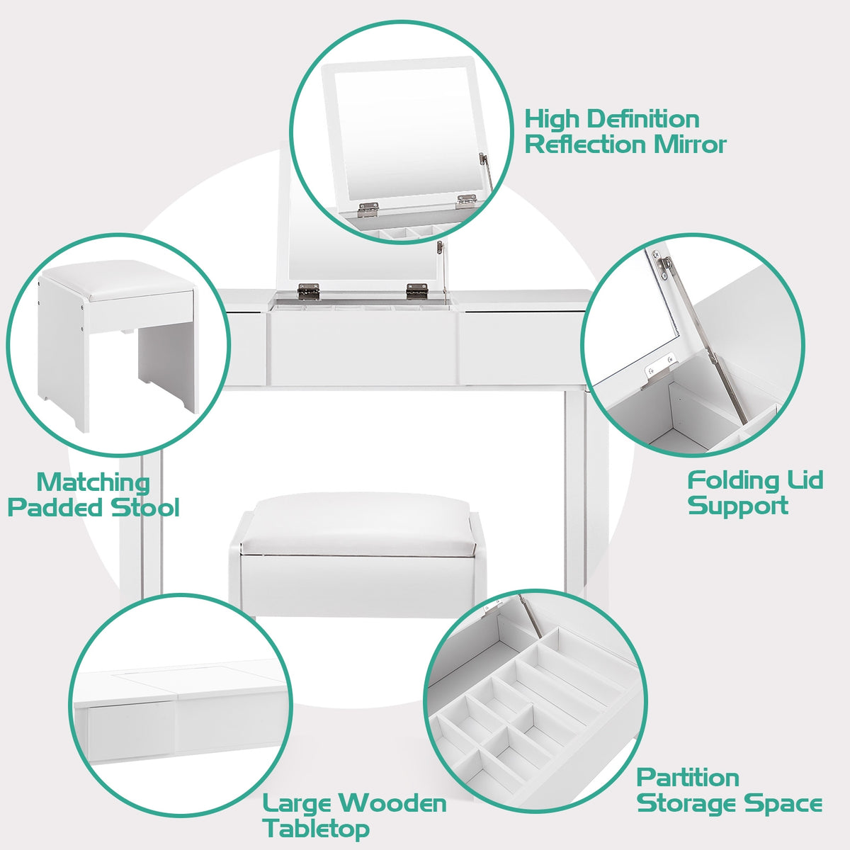 Makeup Vanity Table Set with Flip Top Mirror and Cushioned Stool