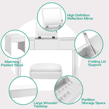 Makeup Vanity Table Set with Flip Top Mirror and Cushioned Stool