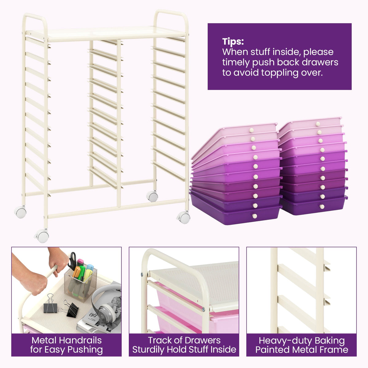 20 Drawers Rolling Storage Cart Studio Organizer-Purple