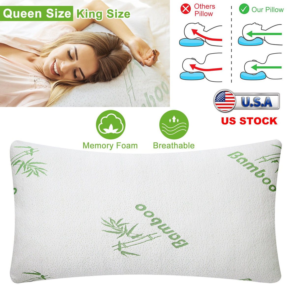 Memory Foam Pillow Set with Bamboo Cover - Queen Size (2-Pack)