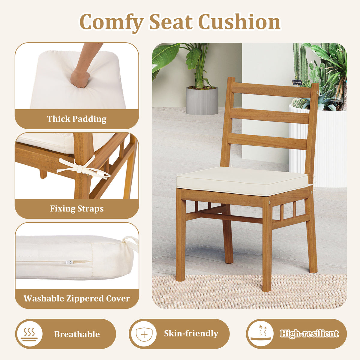 Acacia Wood Dining Chairs Set of 4 with Padded Cushions