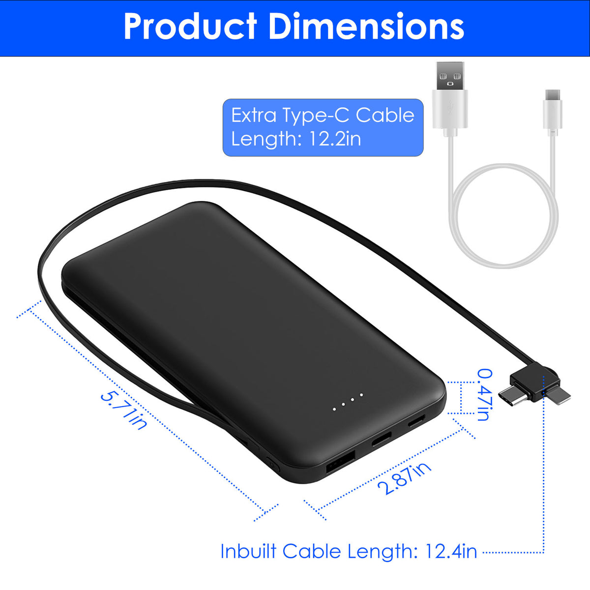 10000mAh Portable Power Bank with Built-In Cables