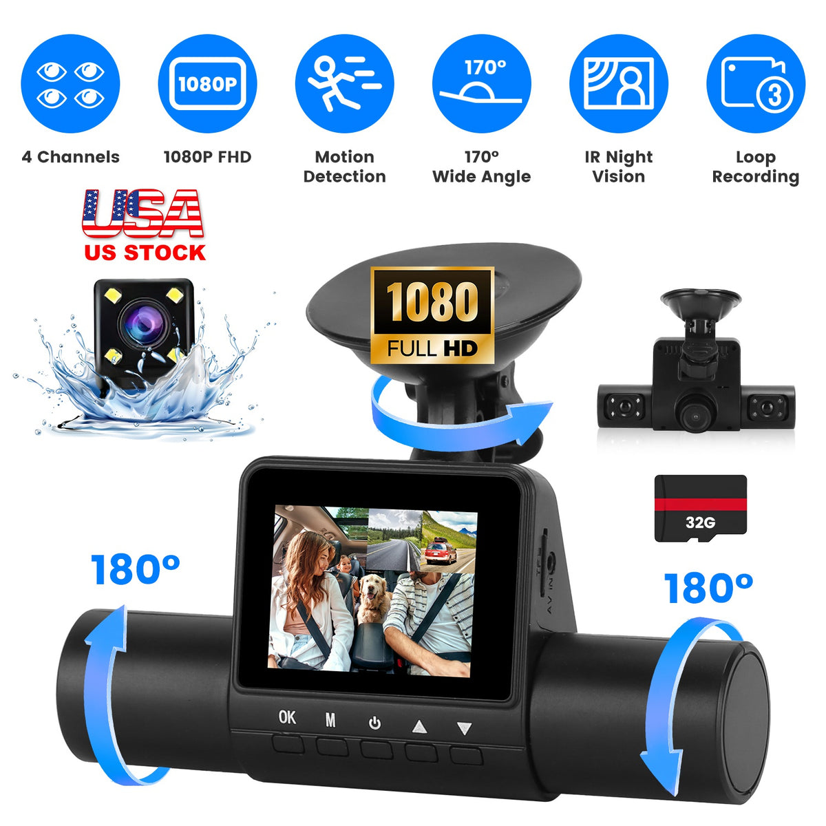 4 Channel Dash Cam with 360° Coverage and Night Vision