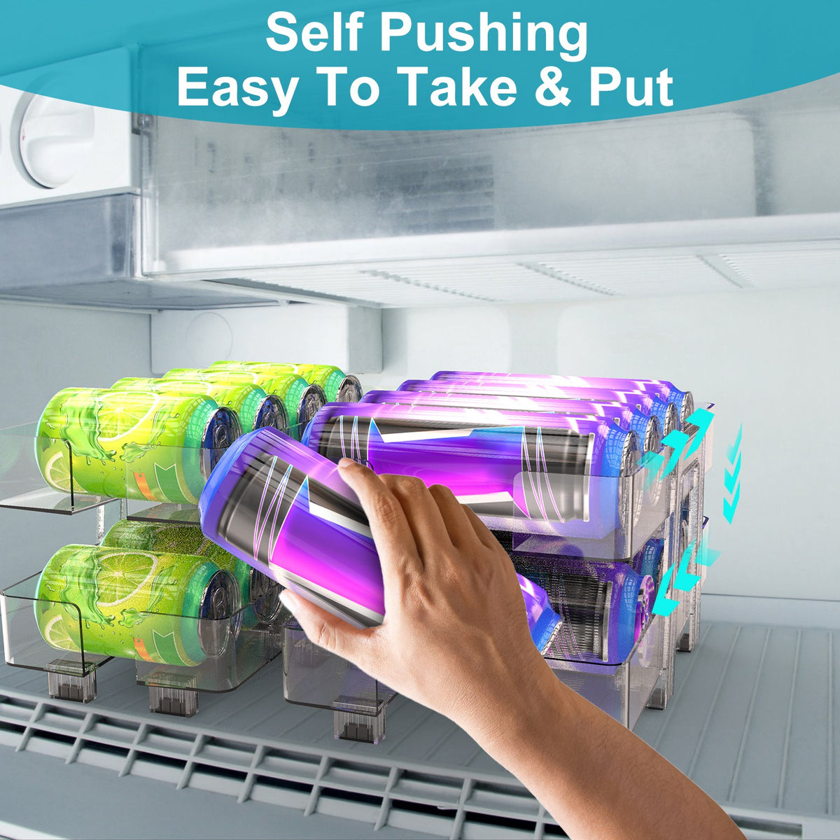 Adjustable Soda Can Organizer 2-Pack with Auto-Rolling Dispenser