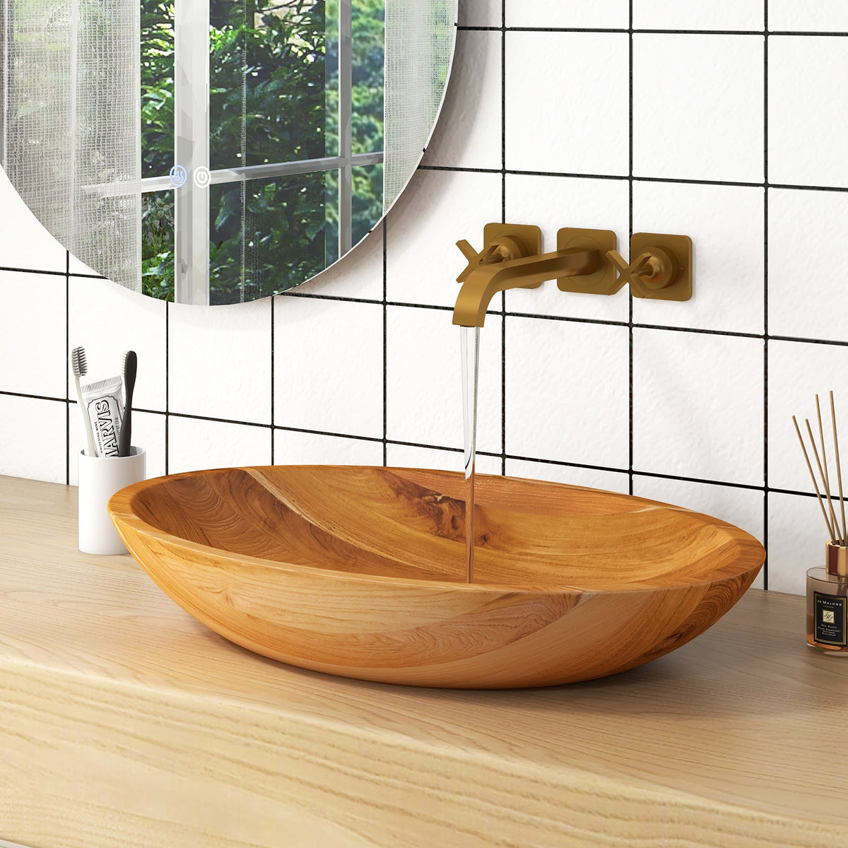 23.5 Inch x 16 Inch Teak Wood Washbasin with Drainage Hole