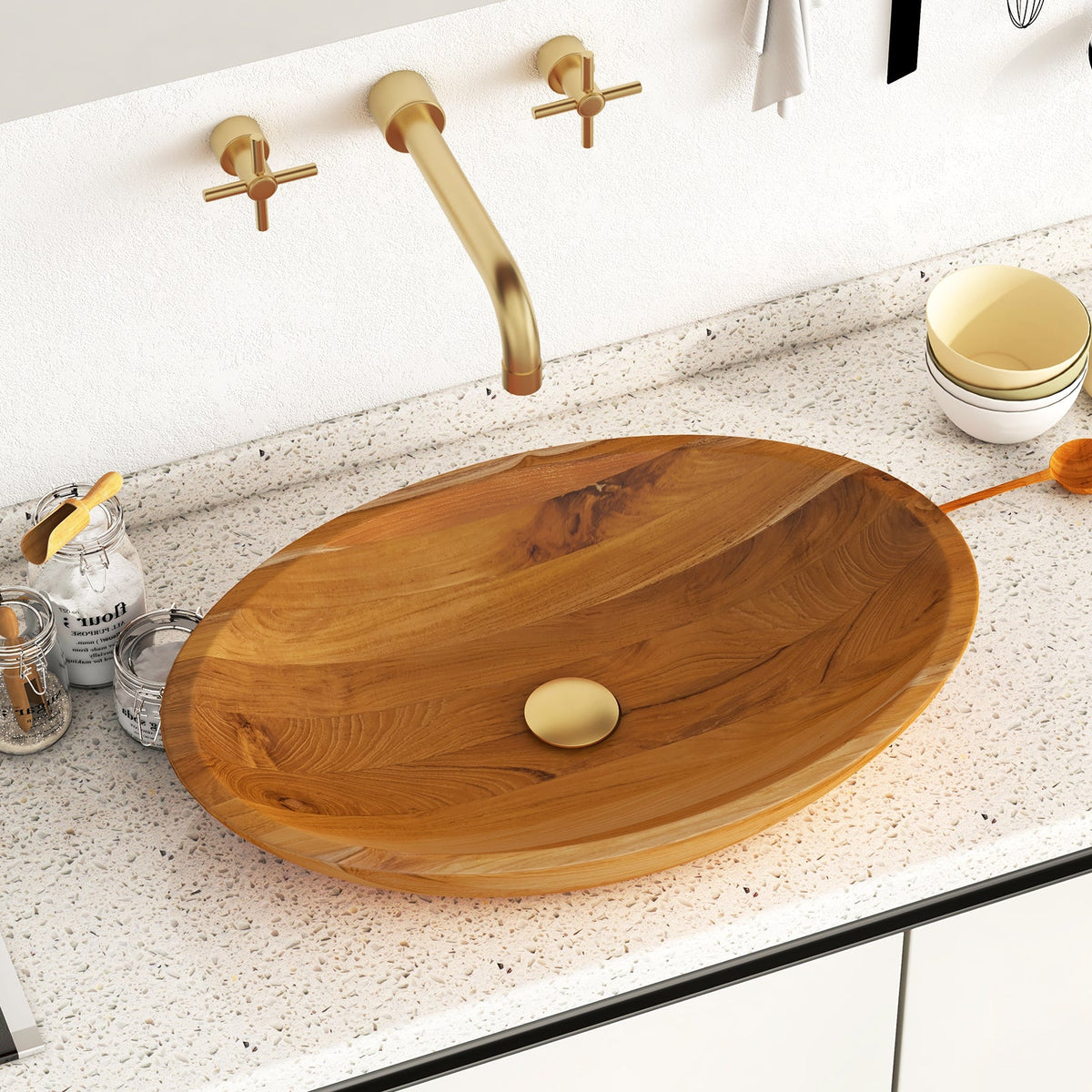 23.5 Inch x 16 Inch Teak Wood Washbasin with Drainage Hole
