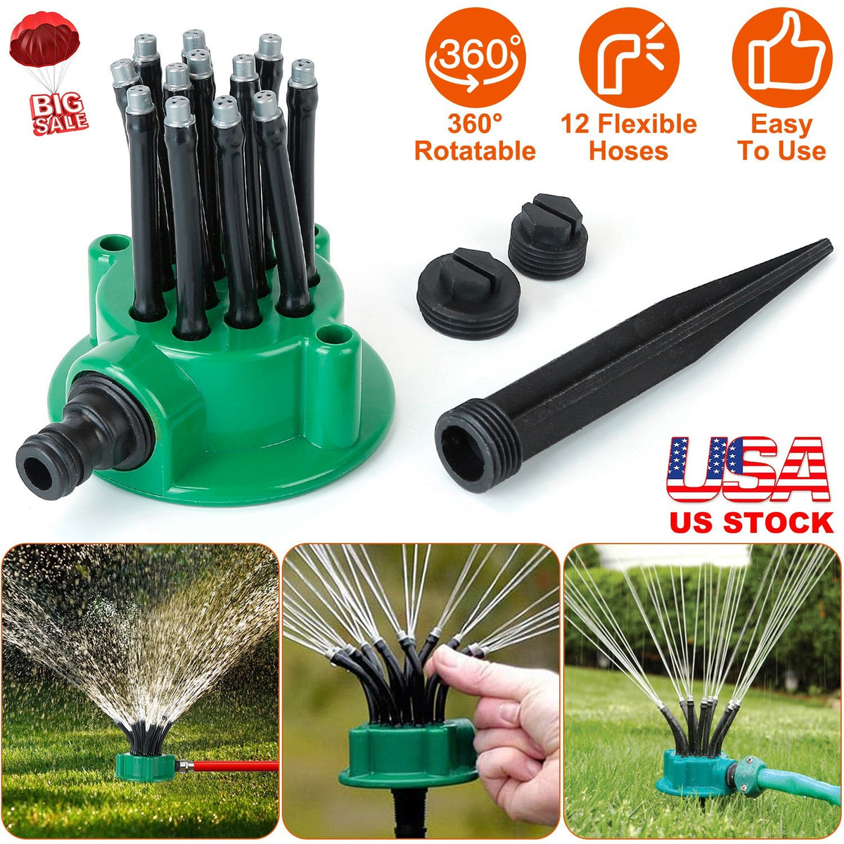 12-Tube Automatic Lawn Sprinkler with 360° Rotation