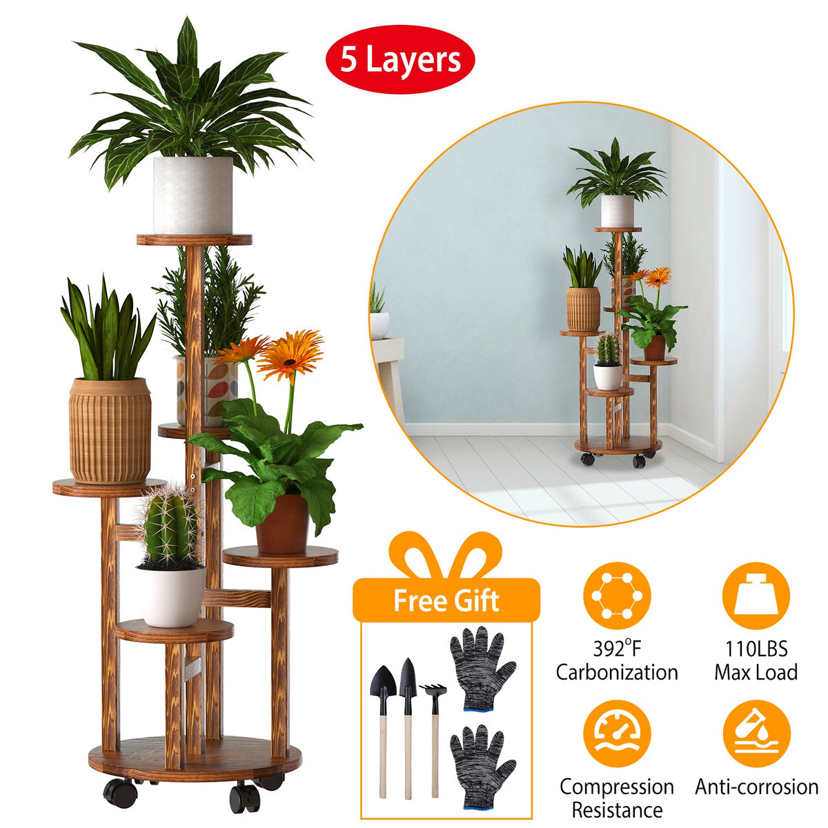 5 Tier Rolling Plant Stand with Wheels for Indoor Outdoor Use