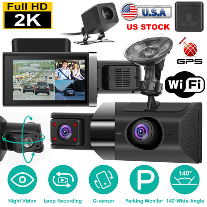2K Dash Cam with 3 Channels, GPS, WiFi & Night Vision