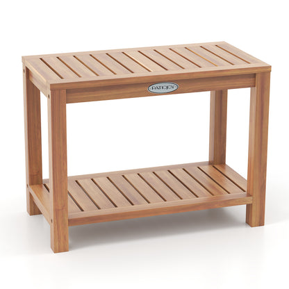 24 Inch Teak Wood Shower Bench Inside Shower Stool with Storage Shelf