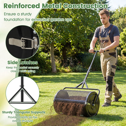 24 Inch Compost Spreader Peat Moss Spreader Roller with Height-Adjustable T-Shaped Handle