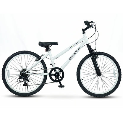 24 Inch Kids Mountain Bike Adjustable with 7 Speed and Suspension Fork-White