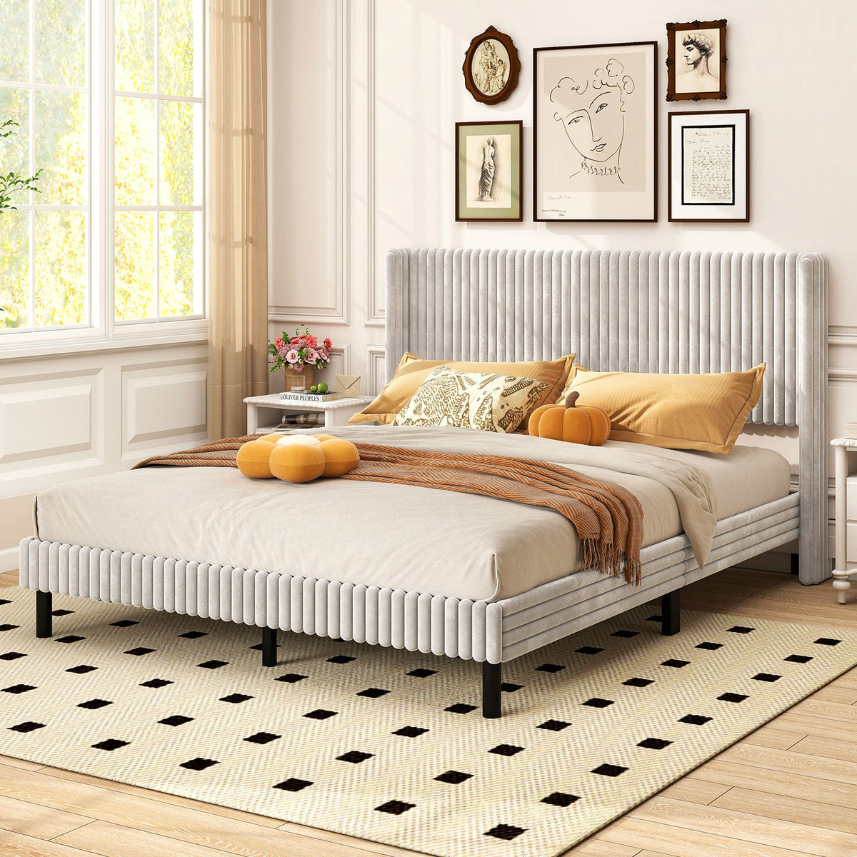 Queen Size Velvet Bed Frame with Vertical Channel Tufted Wingback Headboard-White