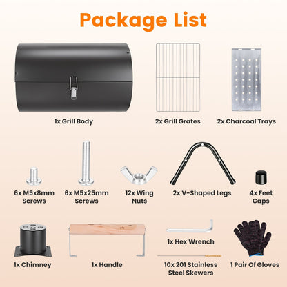 Portable Charcoal Grill with Double-Sided Cooking & 10 Skewers