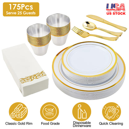 Disposable Gold Rim Dinnerware Set - 175 Pieces for 25 Guests
