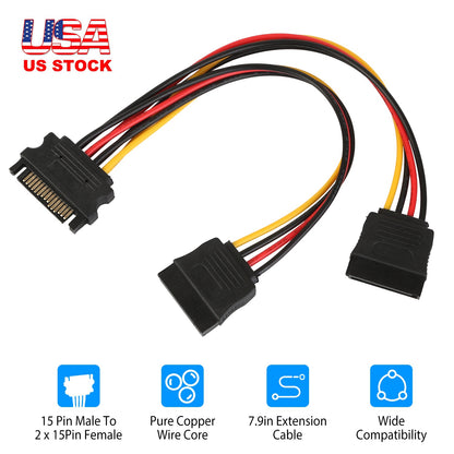 15-Pin SATA Power Y Splitter Cable Adapter - 7.9 Inch