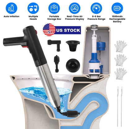 Electric Toilet Plunger with Pressure Display & Multiple Heads