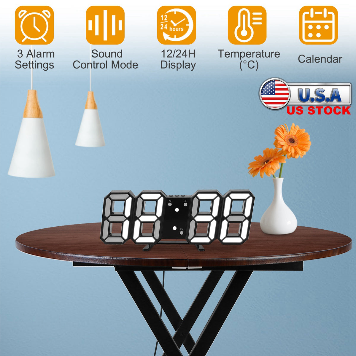 3D LED Digital Wall Clock with Sound Control and Temperature
