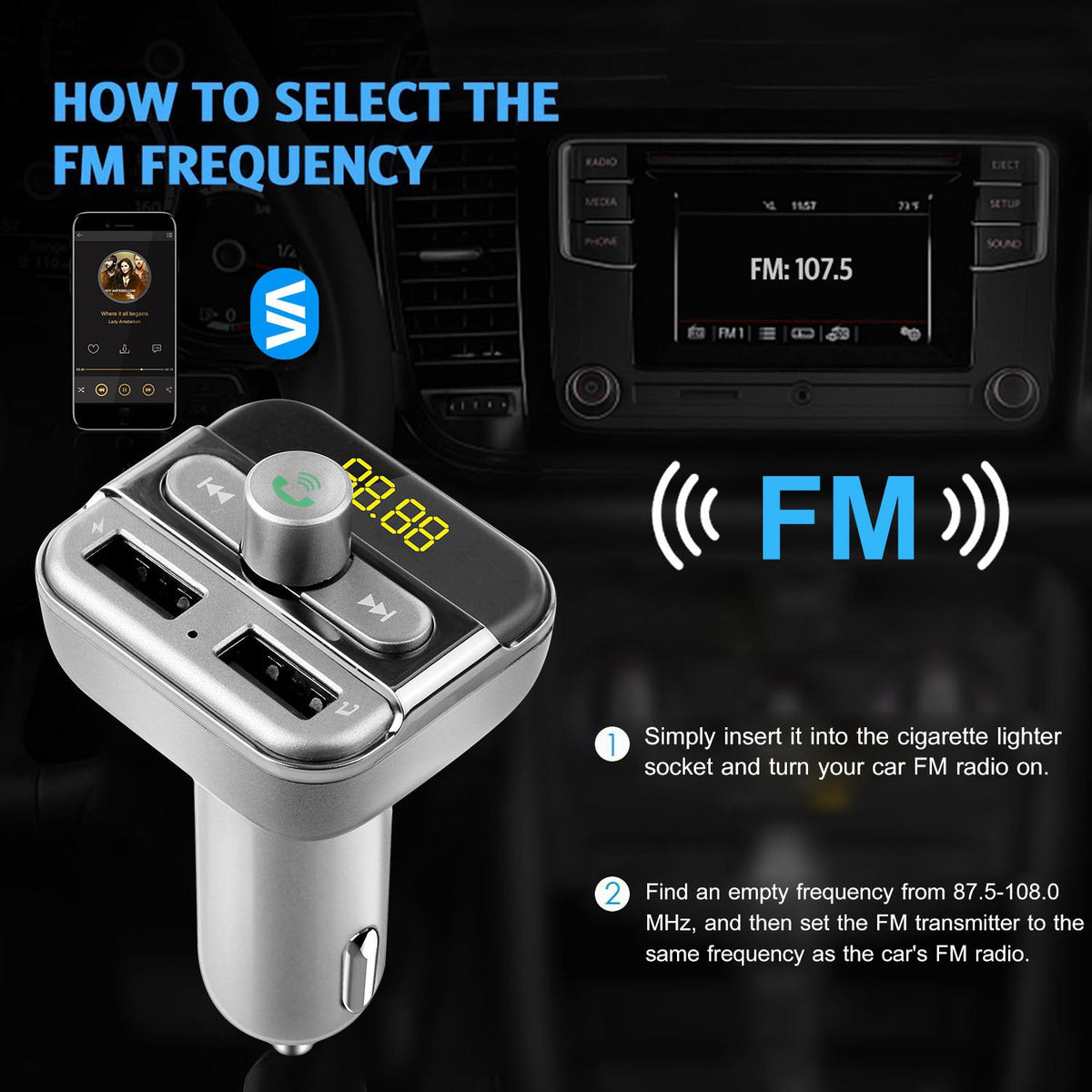 Car Wireless FM Transmitter 3.4A Dual USB Charge Hands-free Call Car MP3 Player TF Card USB Disk Reading