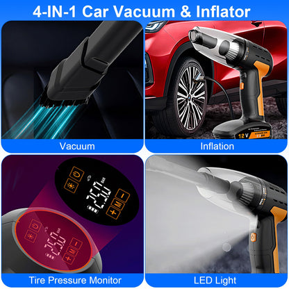 4-in-1 Cordless Car Vacuum Cleaner & Tire Inflator with LED