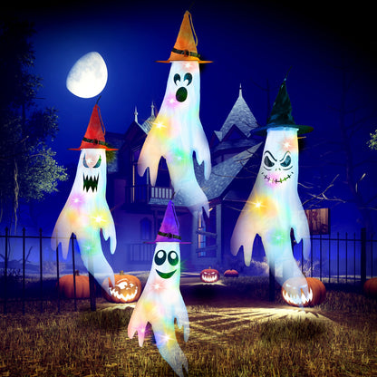 Halloween Ghost Windsocks with Witch Hats & LED Lights (4-Pack)