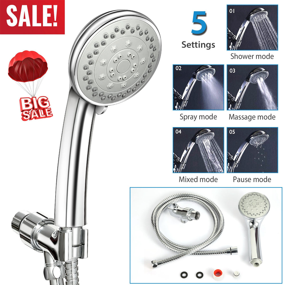 Handheld Shower Head with 5 Spray Settings & Steel Hose