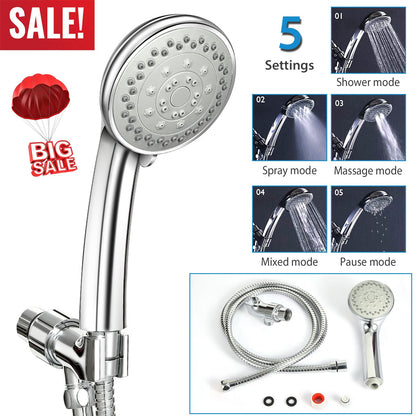 Handheld Shower Head with 5 Spray Settings & Steel Hose